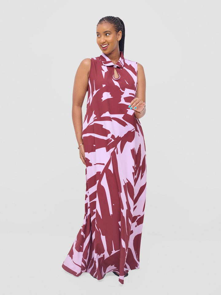 Vivo Asha Sleeveless Maxi Dress - Pink / Burgandy Eta Print
