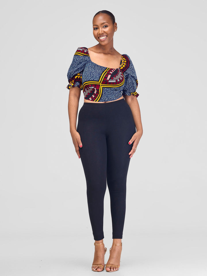 Safari Anga Puffy Short Sleeve Tie Top - Navy Blue / Yellow Ankara Print