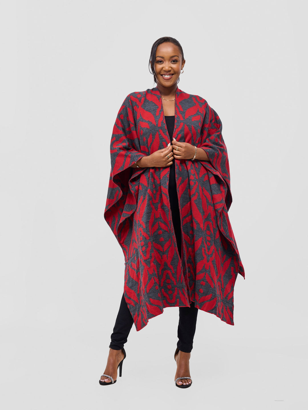 Vivo Reversible Shawl without Fringes - Cherry /  Dark Mix Grey Ukwi Print