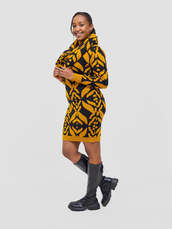 Vivo Lalani Turtle Neck Sweater Dress - Mustard / Black Ukwi Print