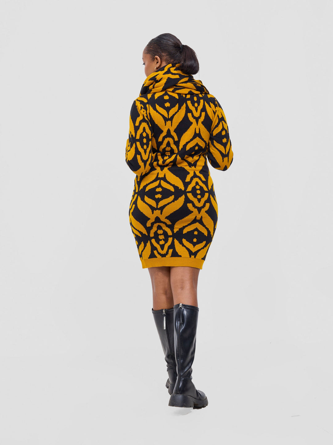 Vivo Lalani Turtle Neck Sweater Dress - Mustard / Black Ukwi Print