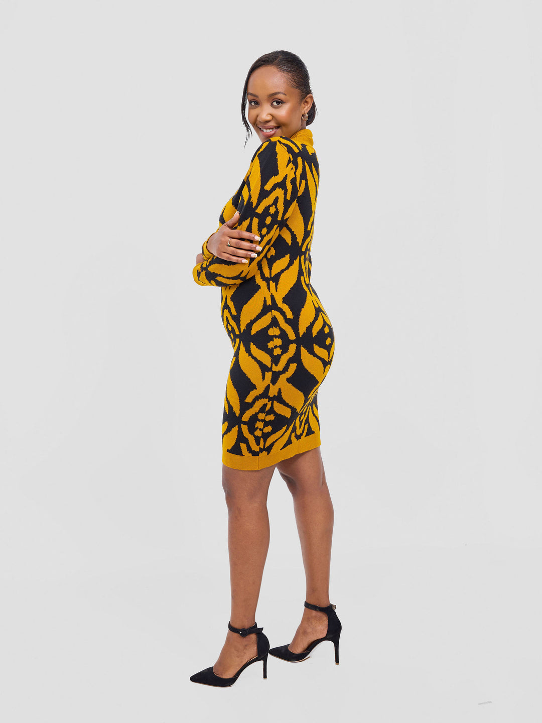 Vivo Lalani Turtle Neck Sweater Dress - Mustard / Black Ukwi Print