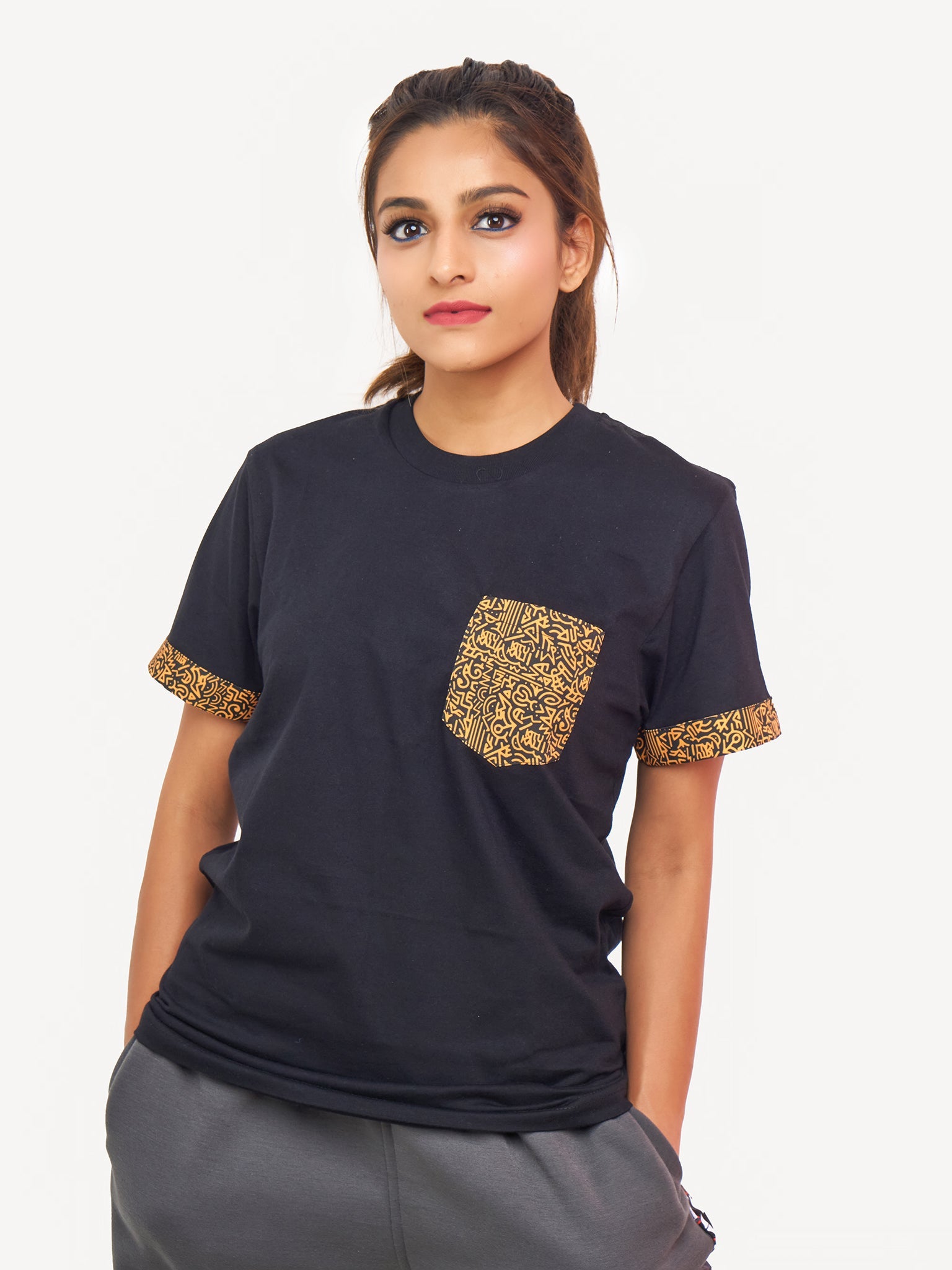 Kitu Kali Premium Ts: Black with Gold KK Print (Pocket & Sleeves)