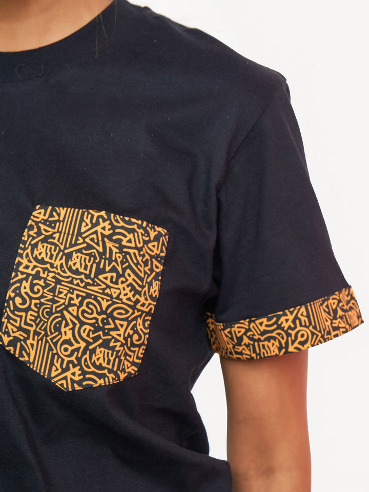 Kitu Kali Premium Ts: Black with Gold KK Print (Pocket & Sleeves)