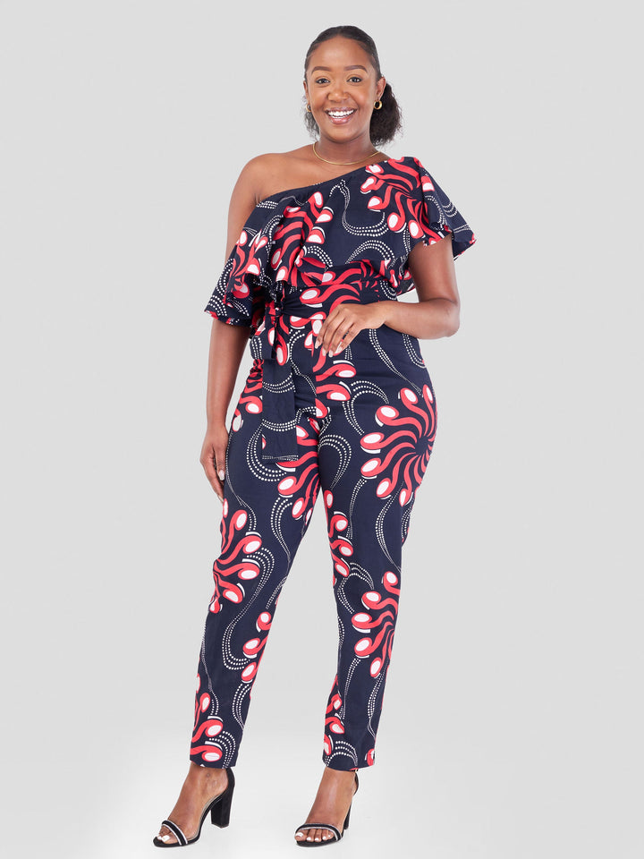 Vivo Naya One Shoulder Flounce Jumpsuit - Pweza Print