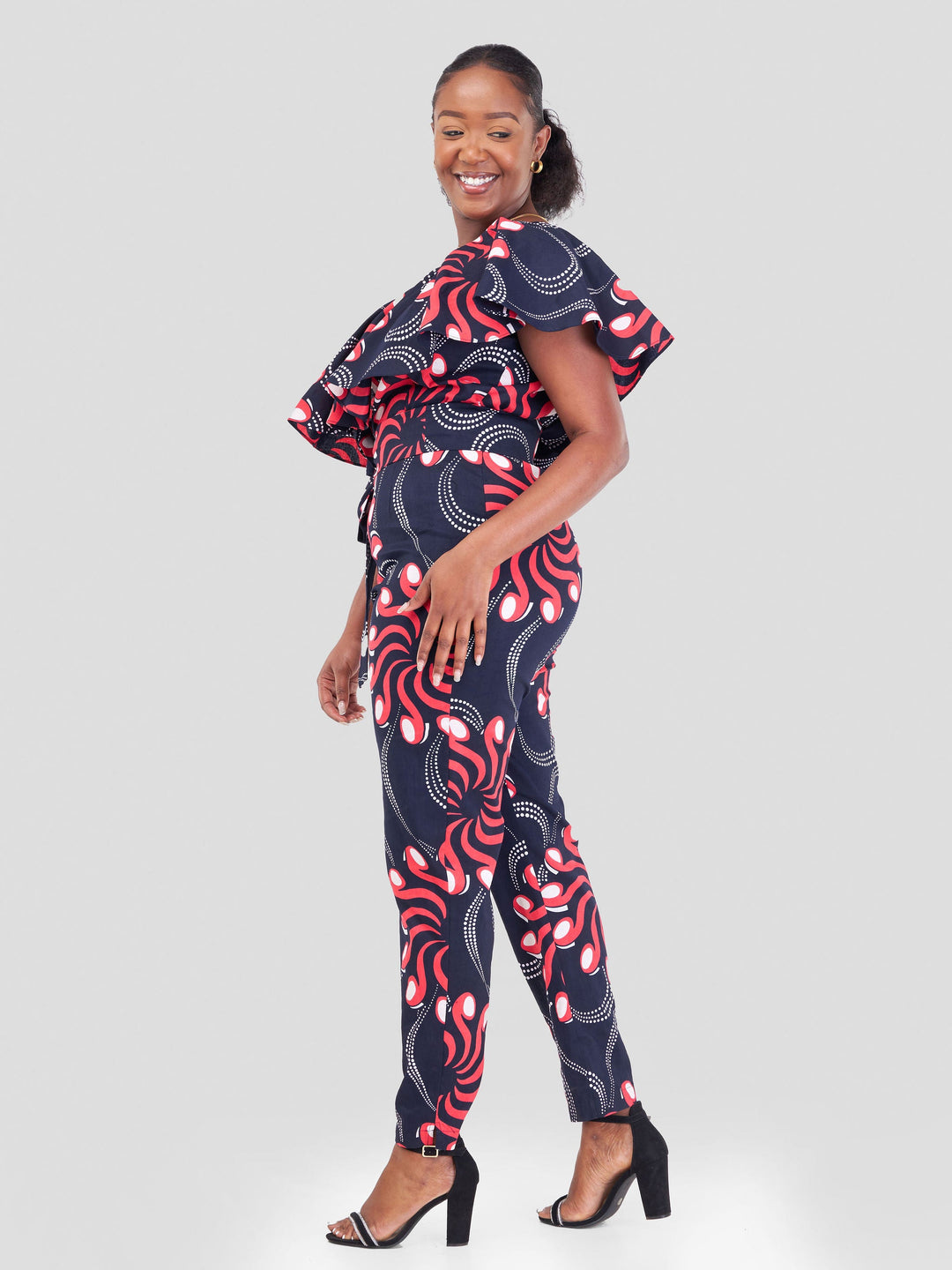Vivo Naya One Shoulder Flounce Jumpsuit - Pweza Print