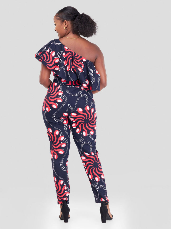 Vivo Naya One Shoulder Flounce Jumpsuit - Pweza Print