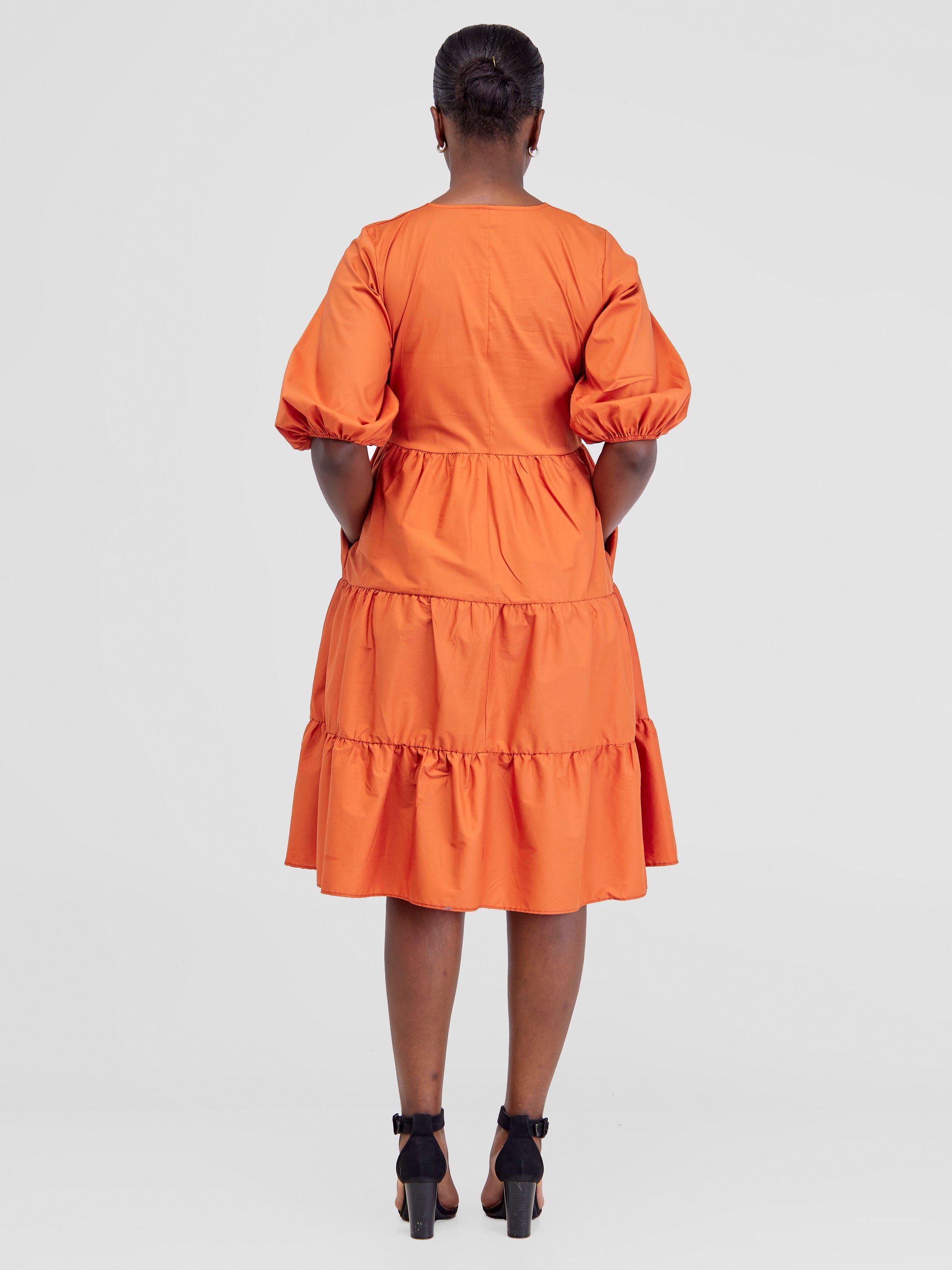 Safari Tawi Bishop Sleeve Tiered Dress - Rust Orange