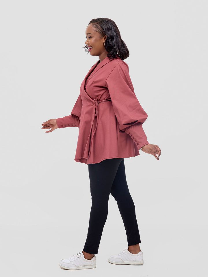 Safari Hawi Peplum Bishop Sleeve Wrap Coat - Cherry