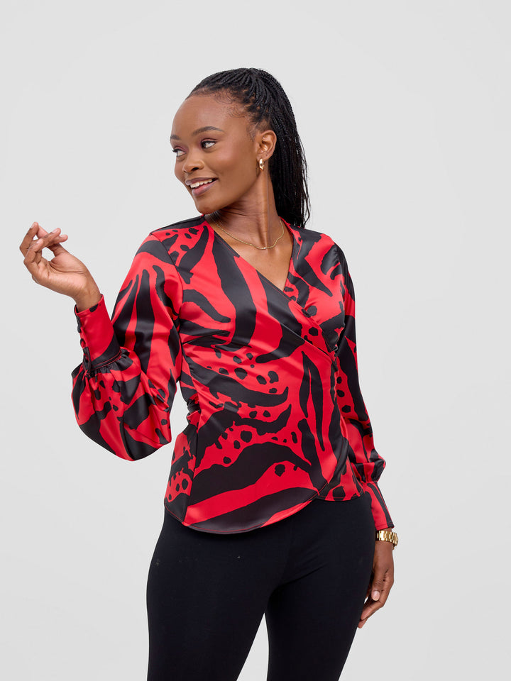 Vivo Merika Satin Wrap Top -  Red / Black Ridi Print