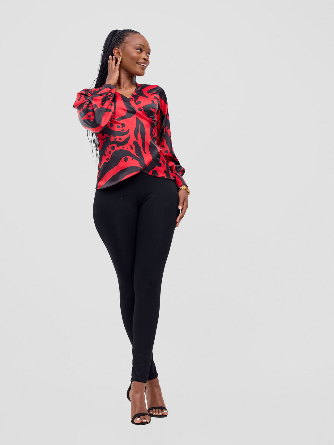 Vivo Merika Satin Wrap Top -  Red / Black Ridi Print