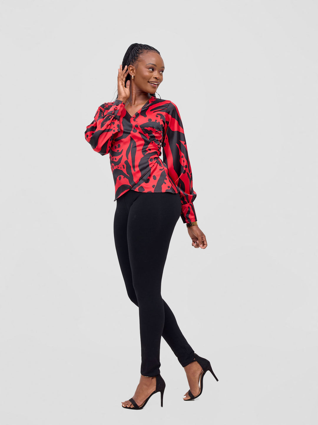 Vivo Merika Satin Wrap Top -  Red / Black Ridi Print