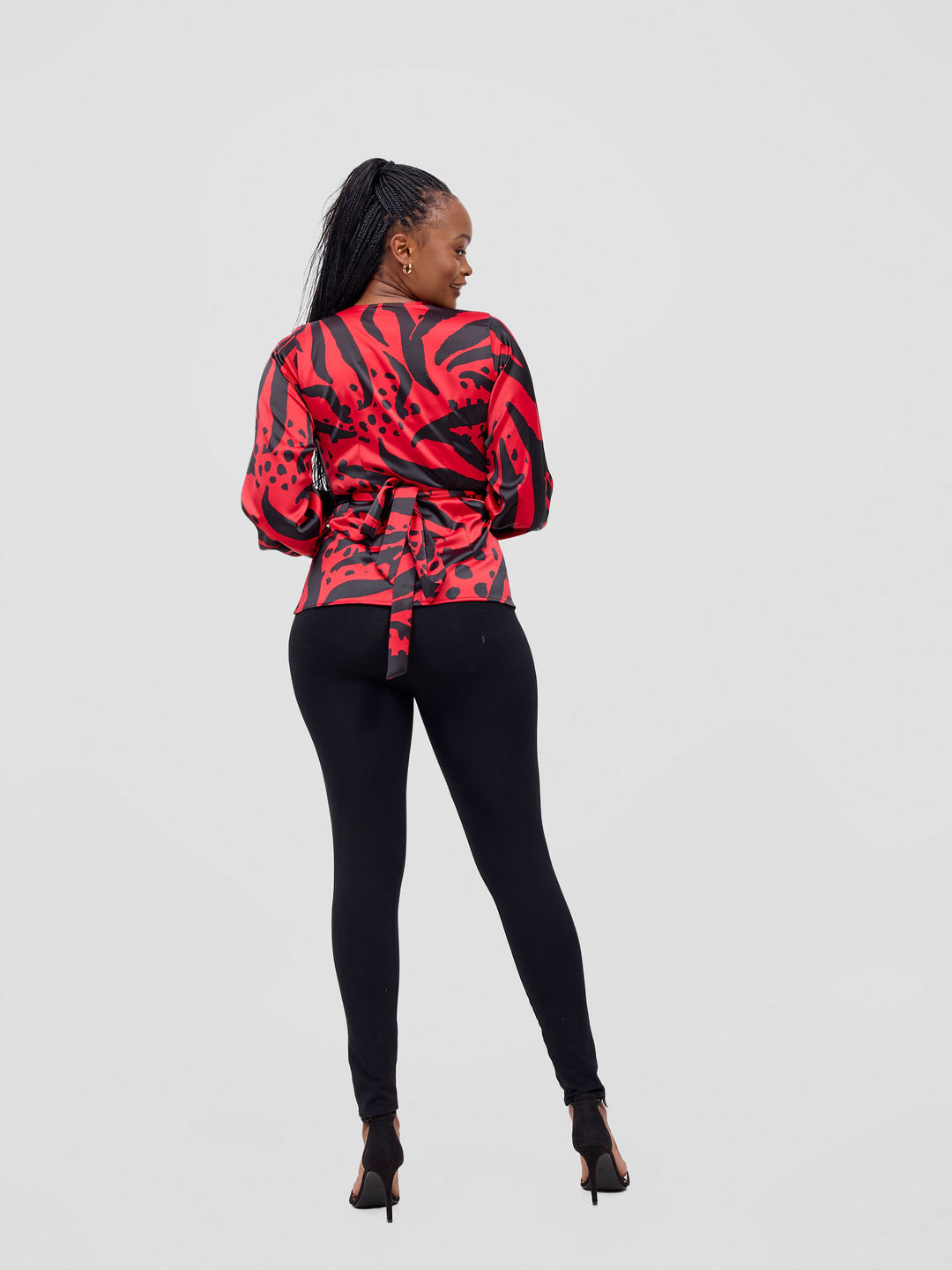 Vivo Merika Satin Wrap Top -  Red / Black Ridi Print