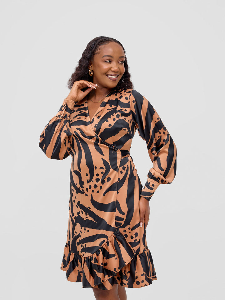 Vivo Merika Knee Length Wrap Dress - Tan / Black Ridi Print