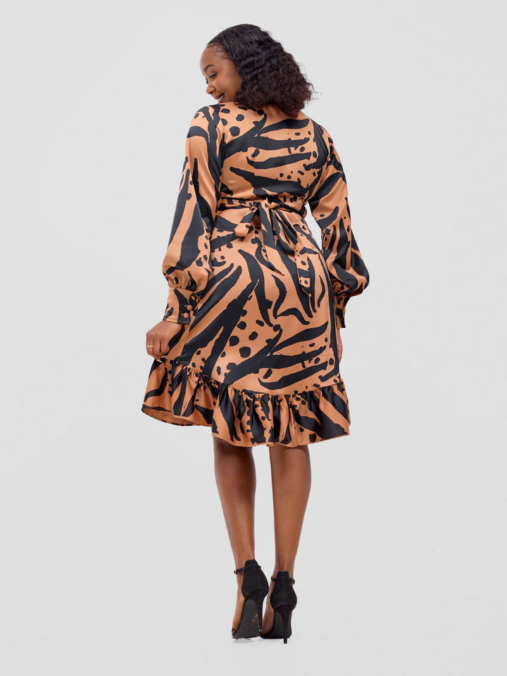 Vivo Merika Knee Length Wrap Dress - Tan / Black Ridi Print