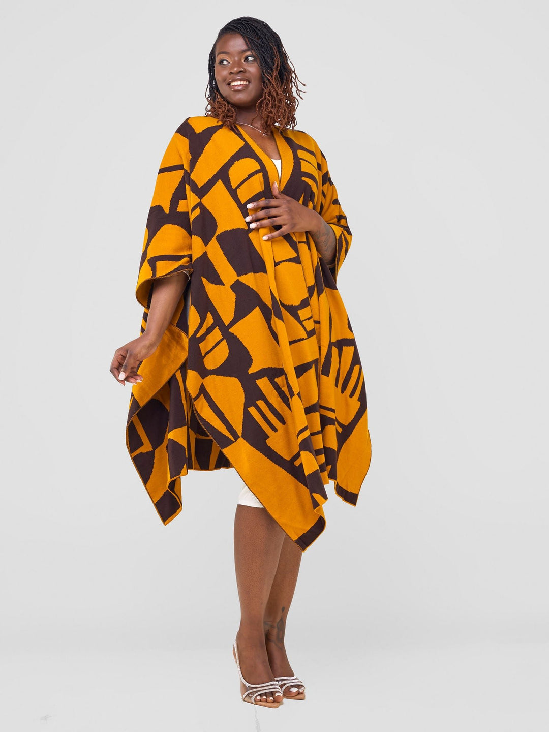 Vivo Reversible Shawl without Fringes - Mustard / Chocolate Brown Samba Print