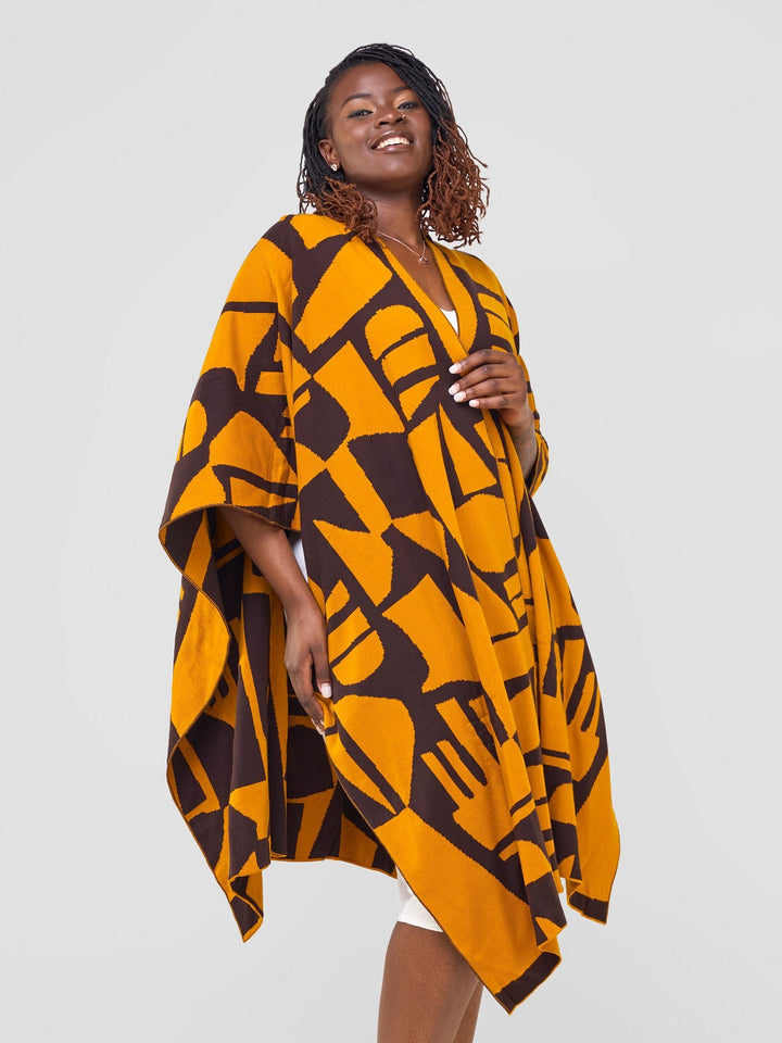 Vivo Reversible Shawl without Fringes - Mustard / Chocolate Brown Samba Print