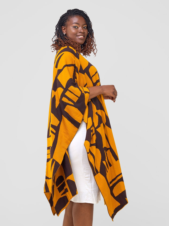 Vivo Reversible Shawl without Fringes - Mustard / Chocolate Brown Samba Print