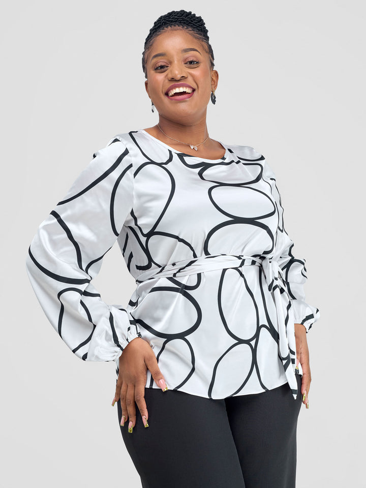 Vivo Basic Satin Bishop Sleeved Top - White Koto Print