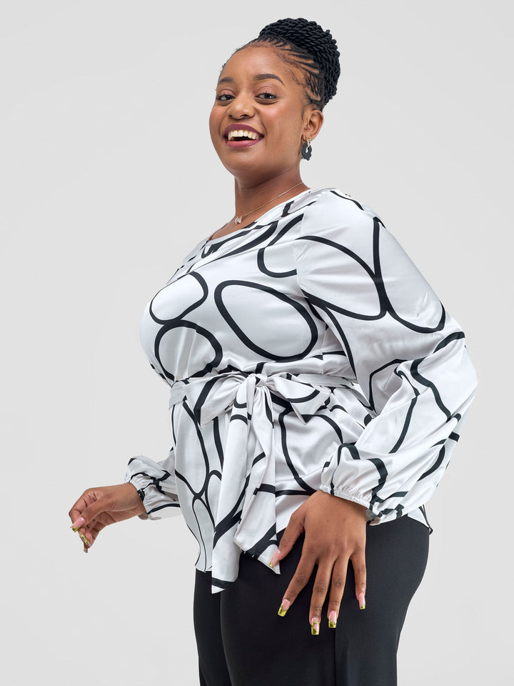 Vivo Basic Satin Bishop Sleeved Top - White Koto Print