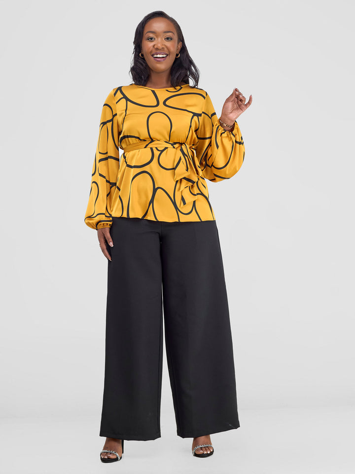 Vivo Basic Satin Bishop Sleeved Top - Mustard Koto Print