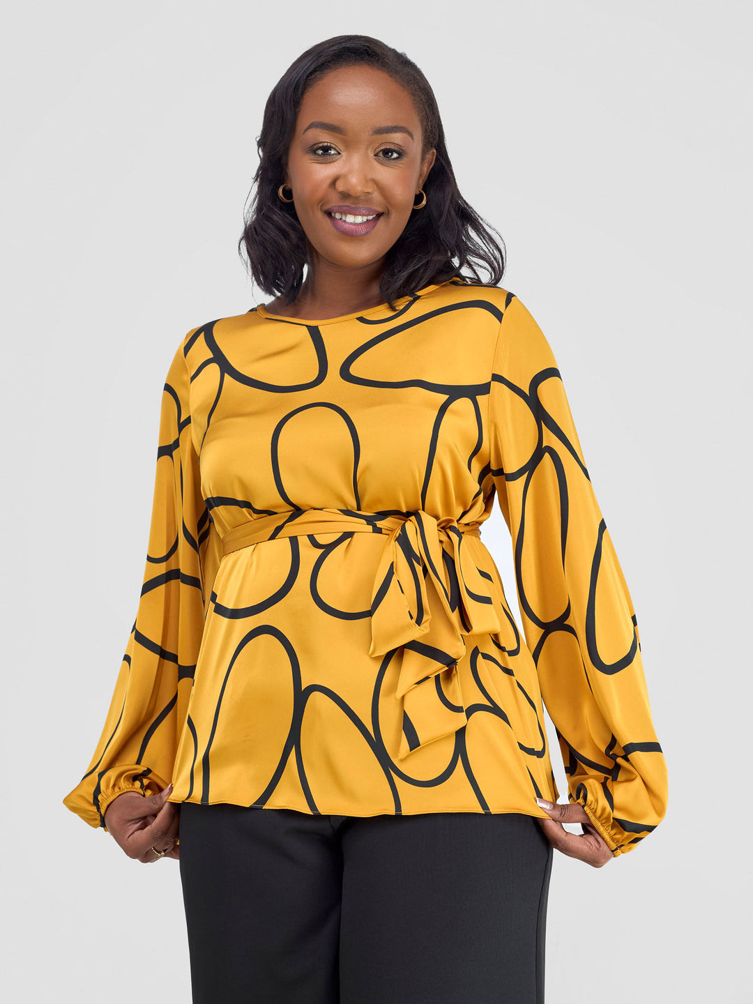 Vivo Basic Satin Bishop Sleeved Top - Mustard Koto Print