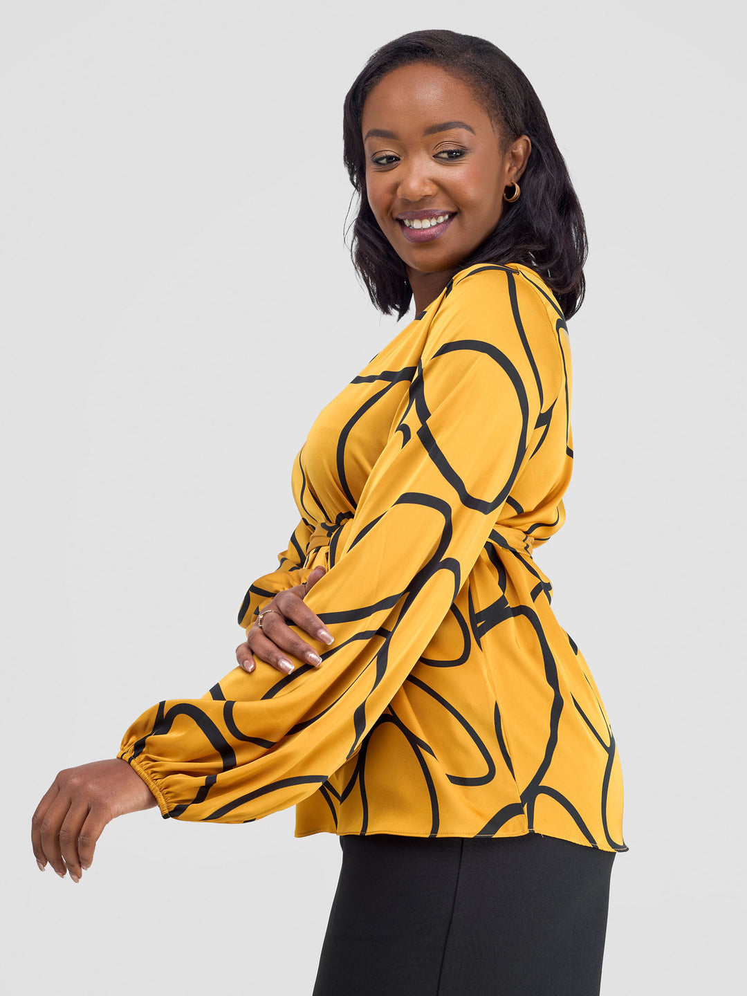 Vivo Basic Satin Bishop Sleeved Top - Mustard Koto Print