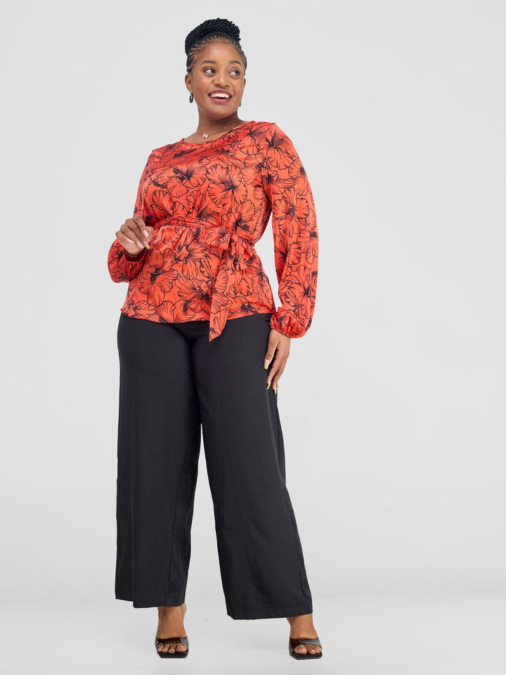 Vivo Basic Satin Bishop Sleeved Top - Orange Hibi Print