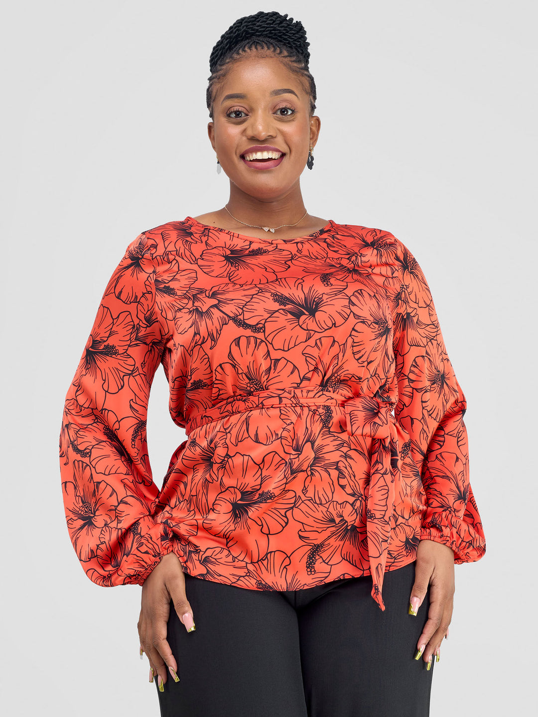 Vivo Basic Satin Bishop Sleeved Top - Orange Hibi Print