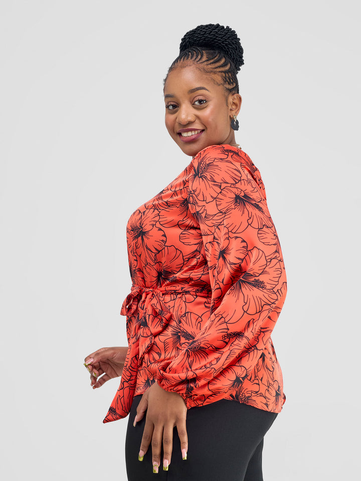 Vivo Basic Satin Bishop Sleeved Top - Orange Hibi Print