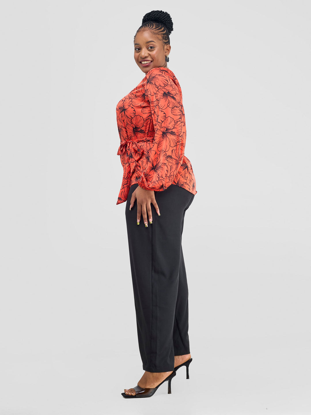 Vivo Basic Satin Bishop Sleeved Top - Orange Hibi Print