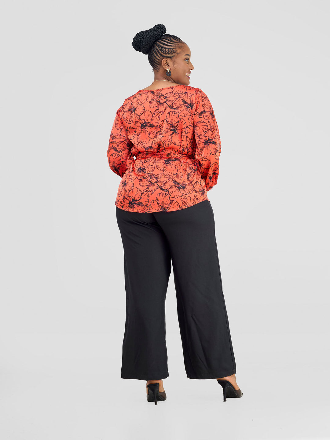 Vivo Basic Satin Bishop Sleeved Top - Orange Hibi Print