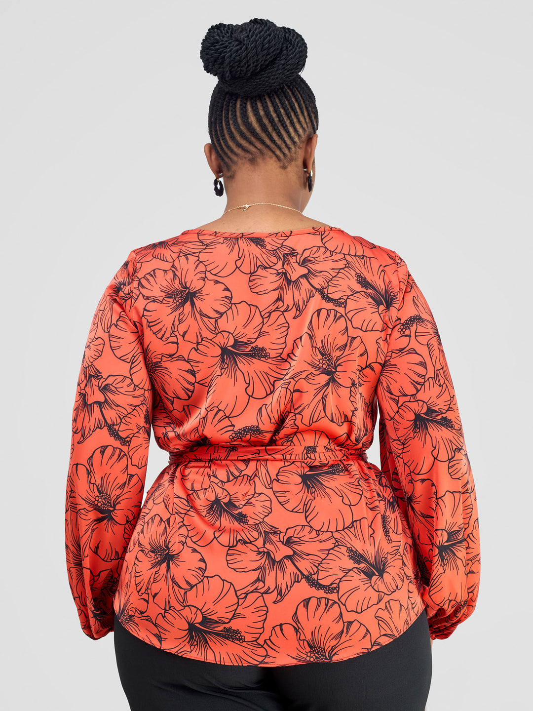 Vivo Basic Satin Bishop Sleeved Top - Orange Hibi Print