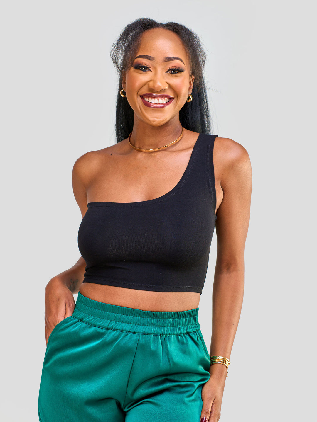 Vivo Essentials Sleeveless One Shoulder Crop Top - Black