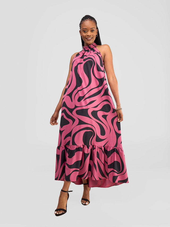 Vivo Halter Maxi Dress - Dark Pink / Black Manda Print