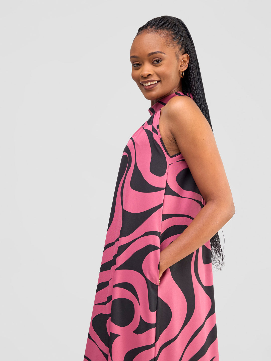 Vivo Halter Maxi Dress - Dark Pink / Black Manda Print