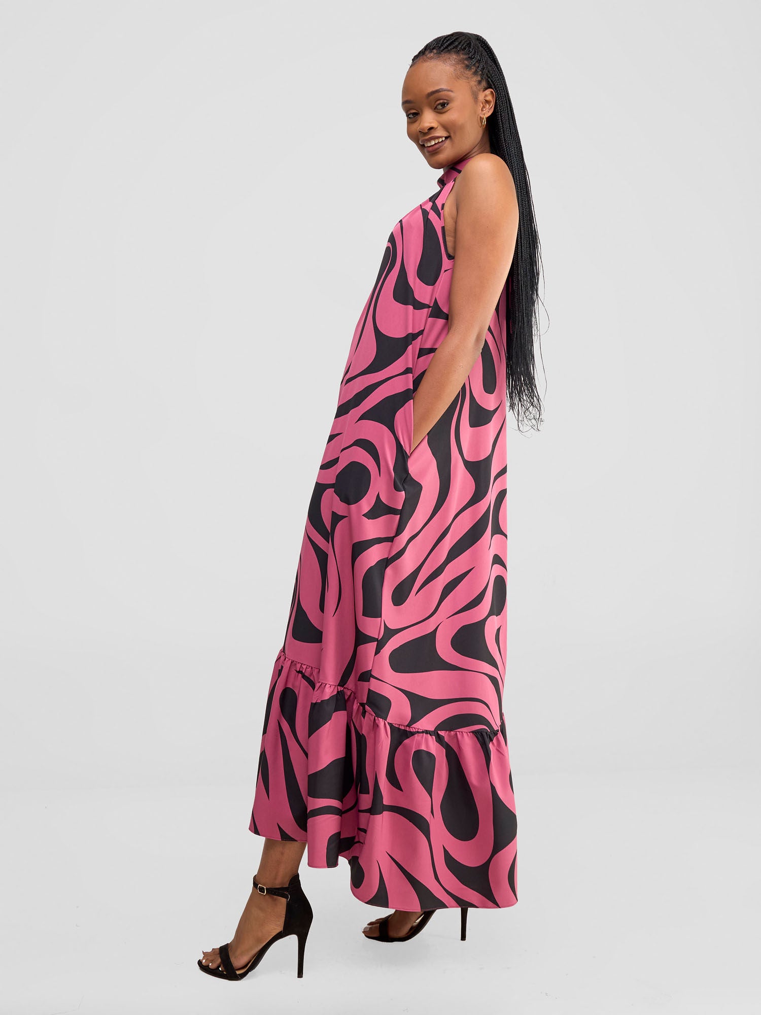 Vivo Halter Maxi Dress - Dark Pink / Black Manda Print