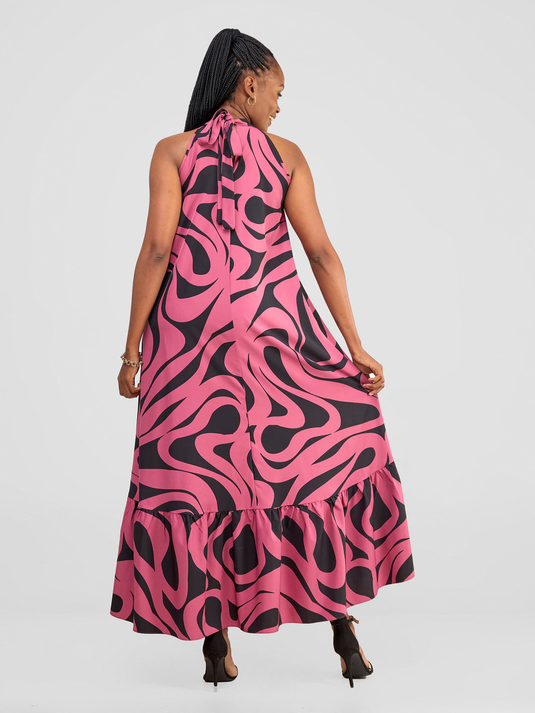 Vivo Halter Maxi Dress - Dark Pink / Black Manda Print