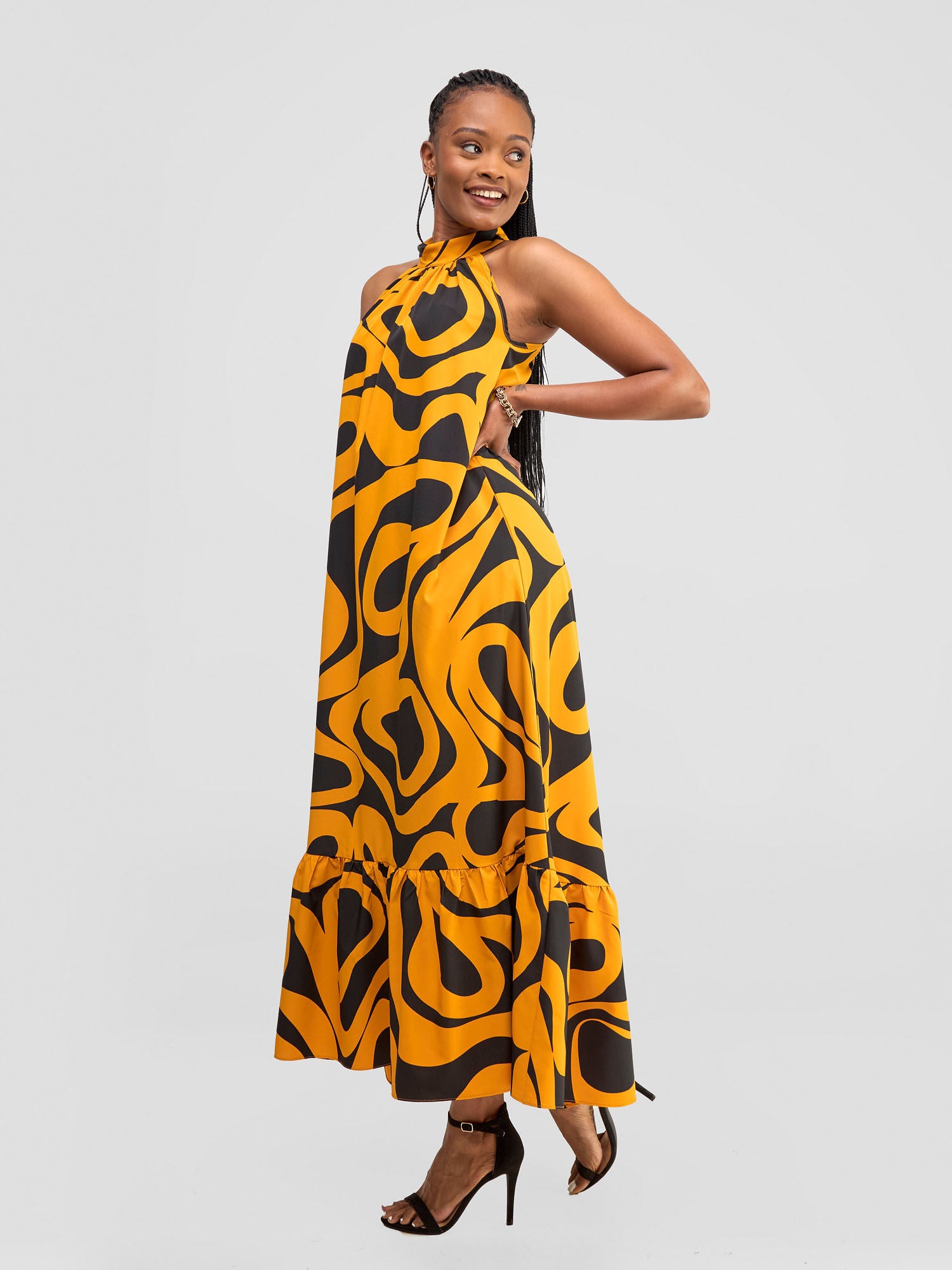 Vivo Halter Maxi Dress - Dark Mustard / Black Manda Print