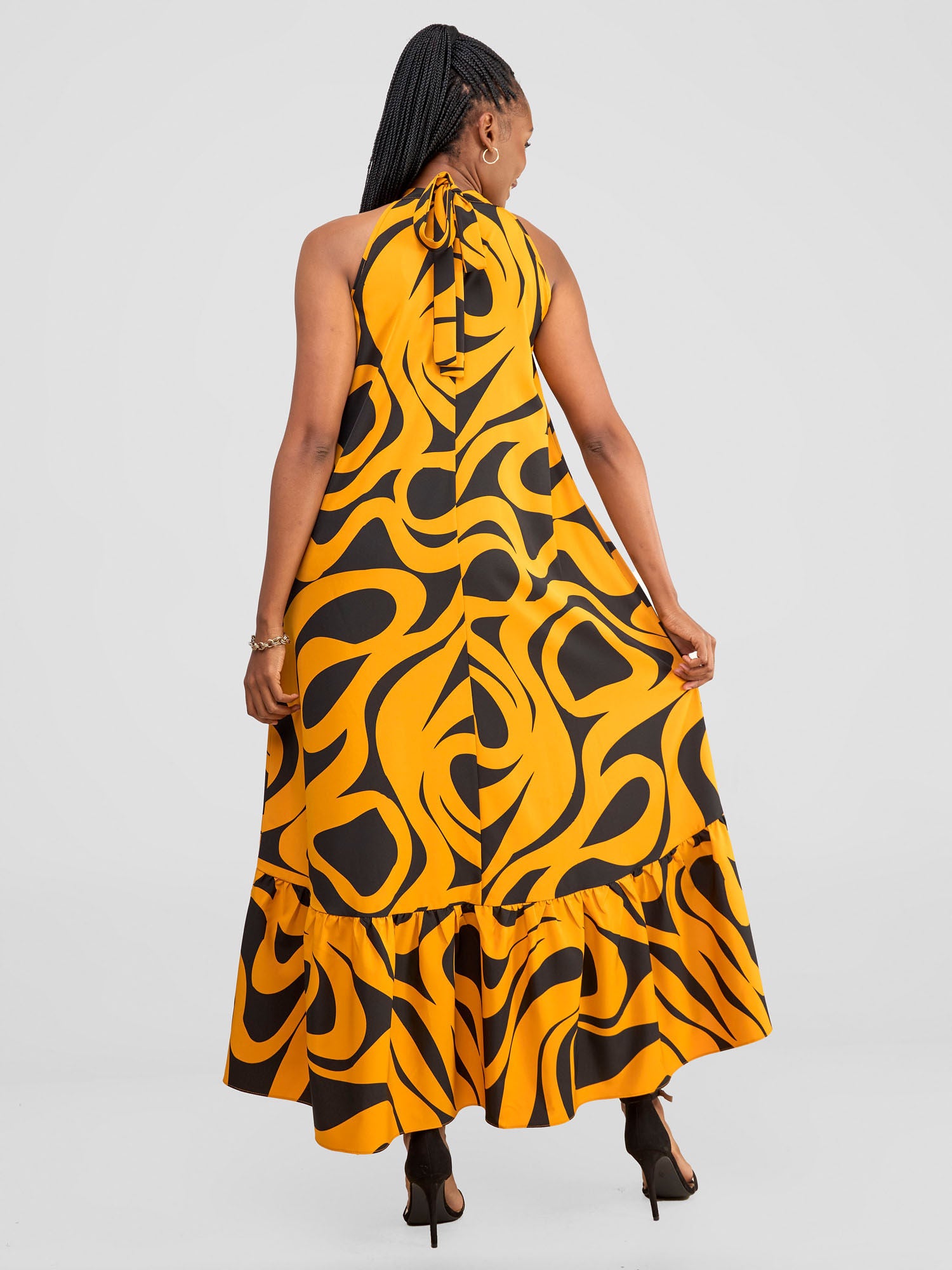 Vivo Halter Maxi Dress - Dark Mustard / Black Manda Print