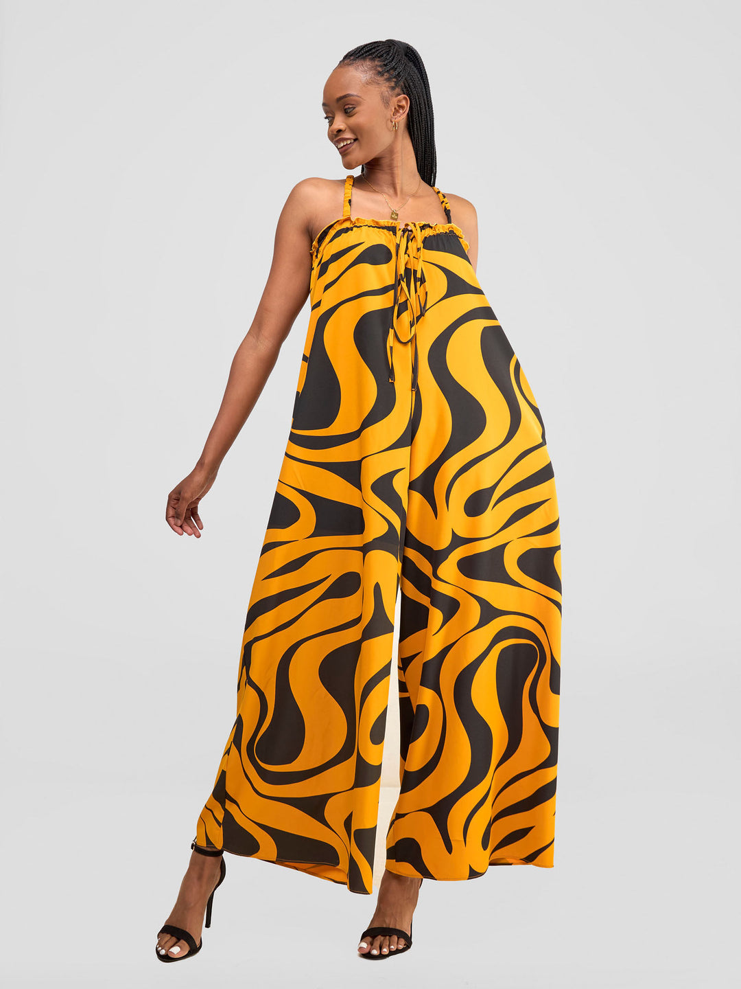 Vivo  Ruffle Neck Jumpsuit - Dark Mustard / Black Manda Print