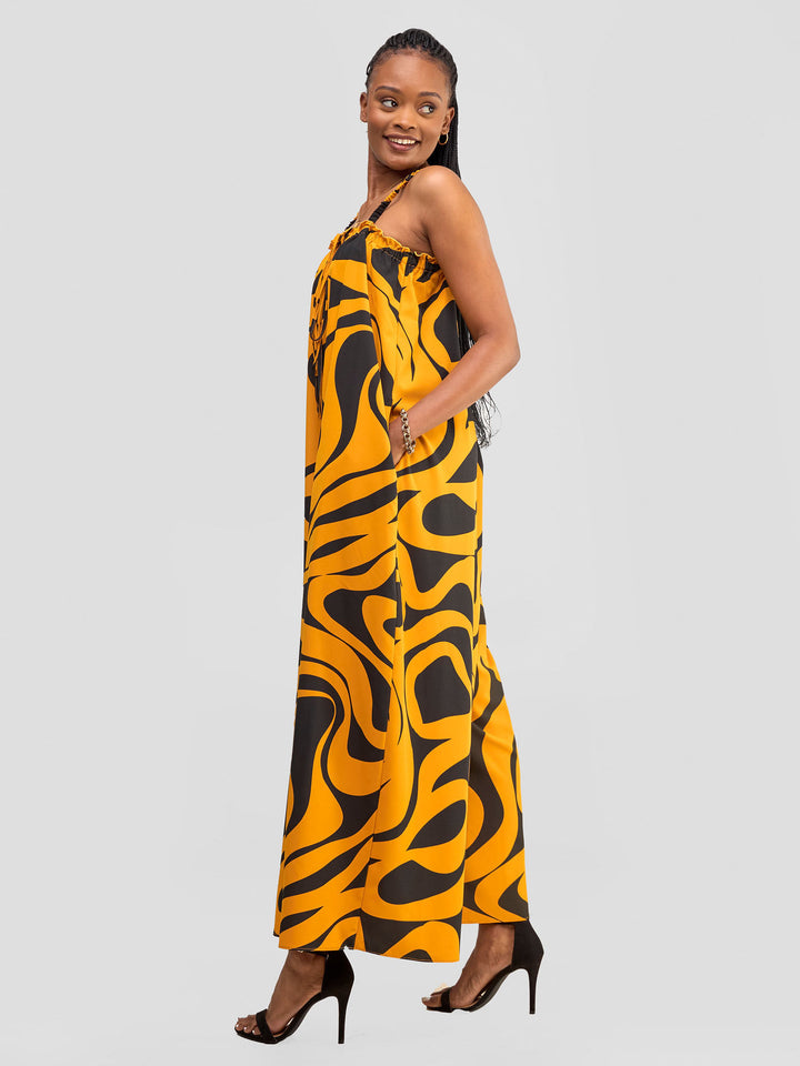 Vivo  Ruffle Neck Jumpsuit - Dark Mustard / Black Manda Print