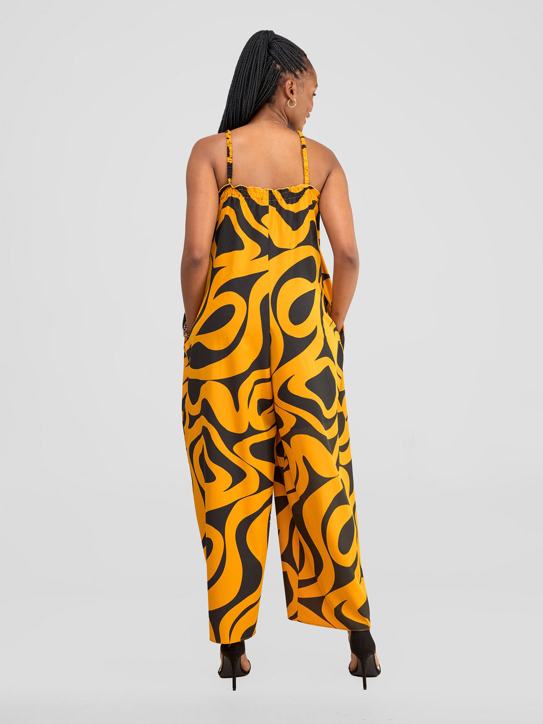 Vivo  Ruffle Neck Jumpsuit - Dark Mustard / Black Manda Print