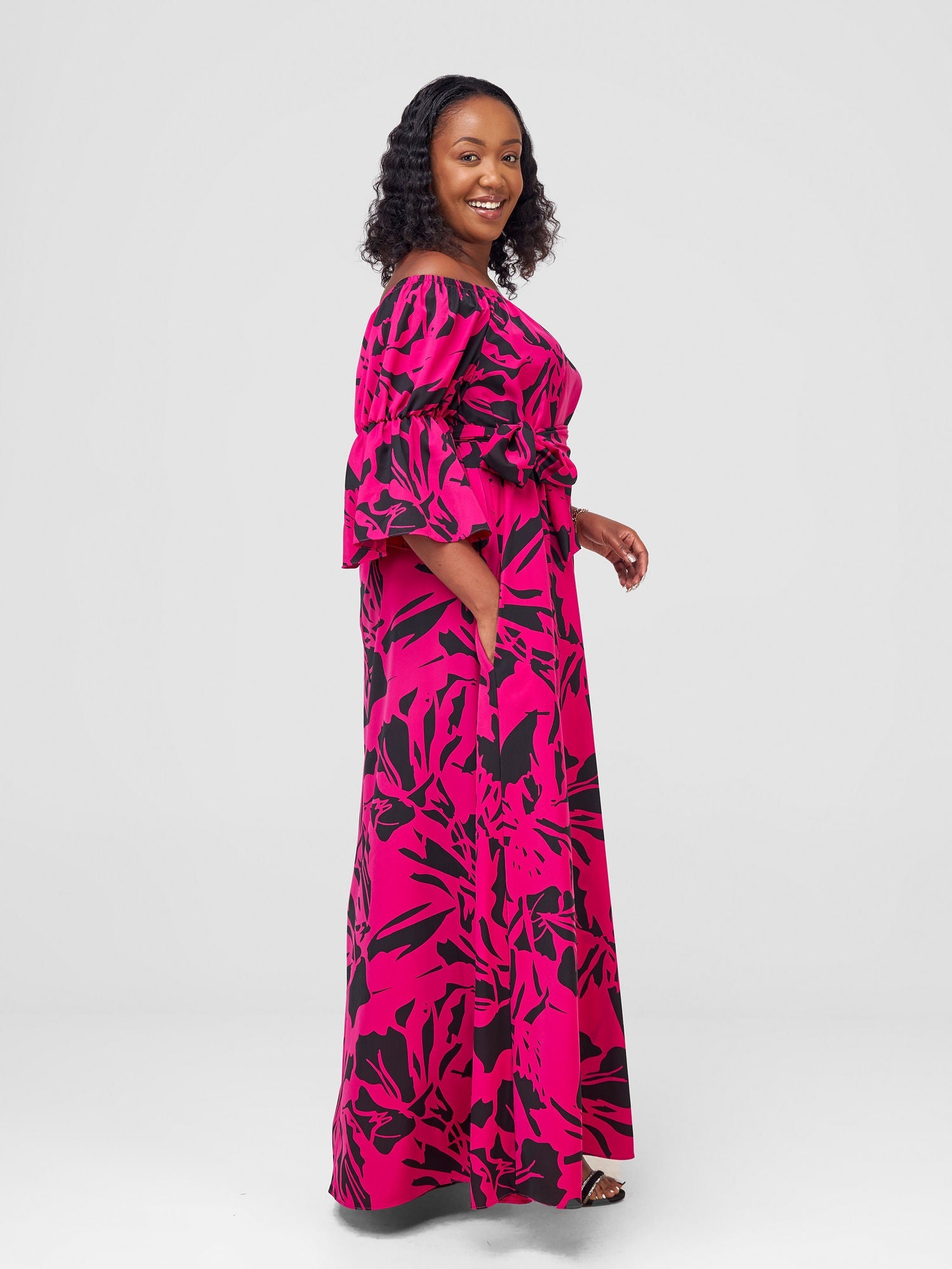 Vivo Tana Off Shoulder Maxi Dress - Fuschia / Black Lawi Print