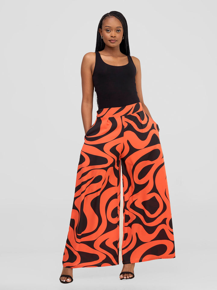 Vivo Asha Wide Leg Pants With Short Lining - Orange / Black Manda Print