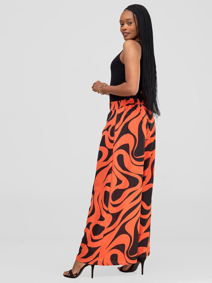 Vivo Asha Wide Leg Pants With Short Lining - Orange / Black Manda Print