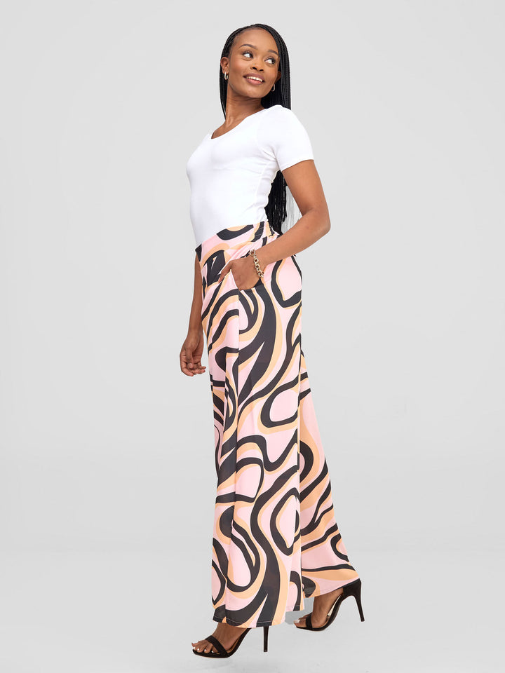 Vivo Asha Wide Leg Pants With Short Lining - Pink / Black Manda Print