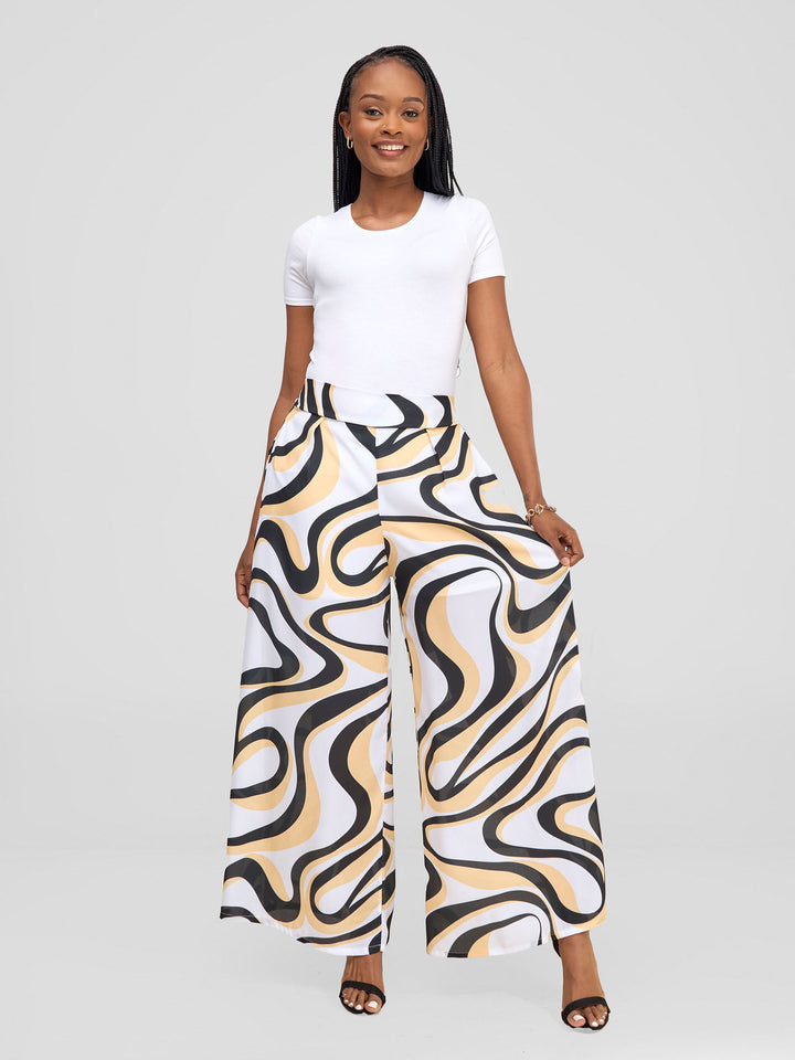 Vivo Asha Wide Leg Pants With Short Lining - White / Mustard Manda Print