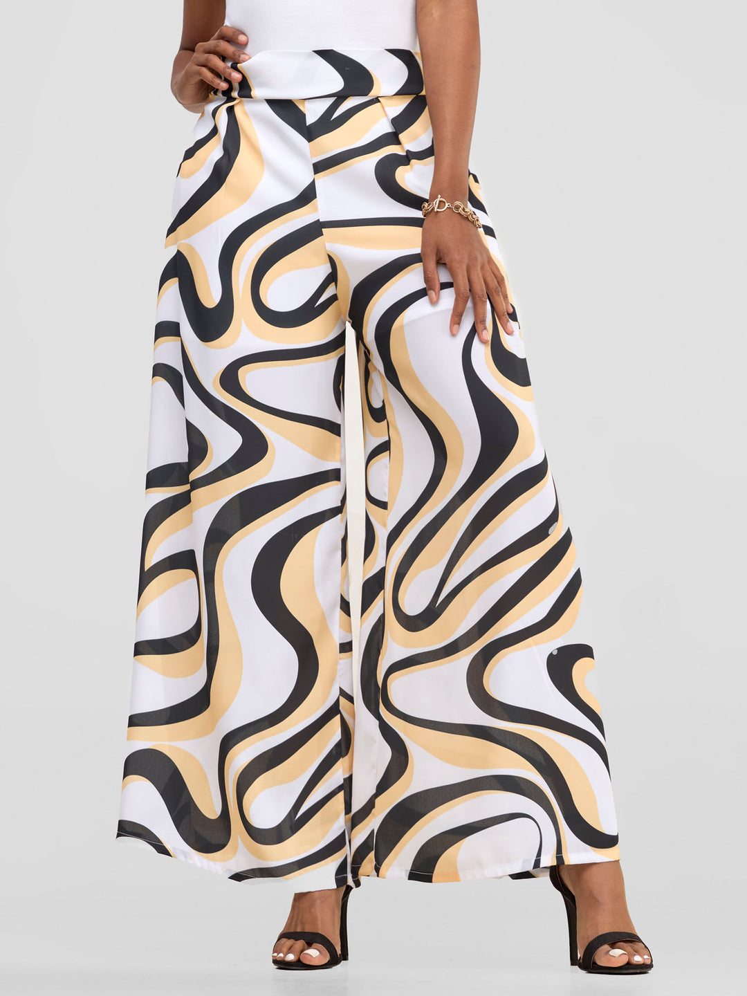 Vivo Asha Wide Leg Pants With Short Lining - White / Mustard Manda Print