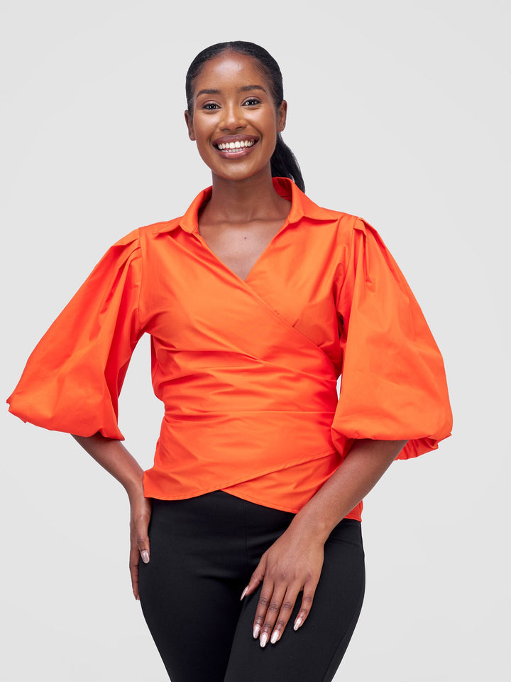 Safari Mali 3/4 Bishop Sleeve  Tie Top - Orange